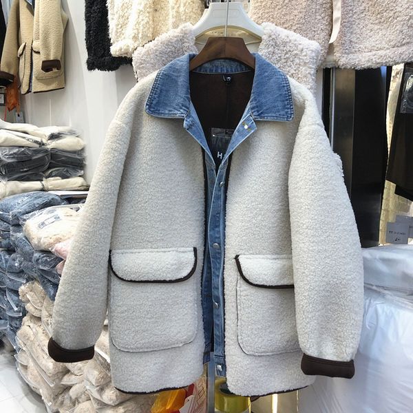 

2021 autumn winter new korean retro loose fake two-piece denim patchwork lamb hair thickened coat jacket women aoxh, Black;brown