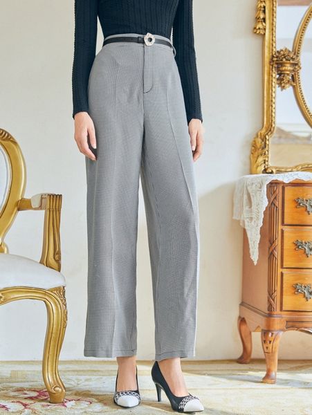 

high waist houndstooth wide leg pants without belt d08i#, Black;white