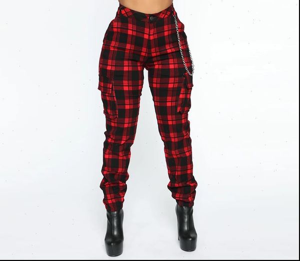 

vintage plaid printed pants women high waist cargo pants ladies casual pockets trousers female autumn winter xmas pants d30, Black;white