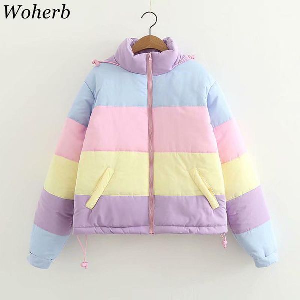 

women's down & parkas woherb 2021 kawaii winter jacket women japanese sweet rainbow padded coat ladies parka loose hooded wadded jacket, Black