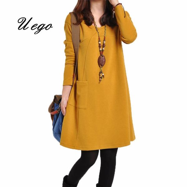 

casual dresses uego knitted cotton long sleeve autumn dress pockets solid color short women plus size female vintage, Black;gray