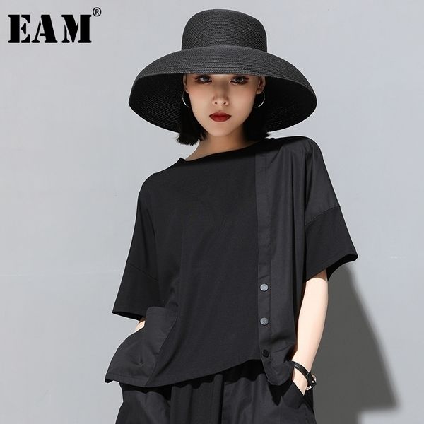 

[eam] 2021 new spring summer round neck half sleeve black button split joint loose big size t-shirt women fashion tide jx500 210315, White