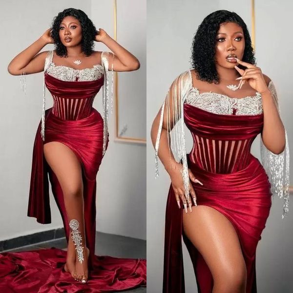 

african mermaid evening dress with tassels lace applique pleat prom gowns side split corset women's party celebrity dresses, Black;red