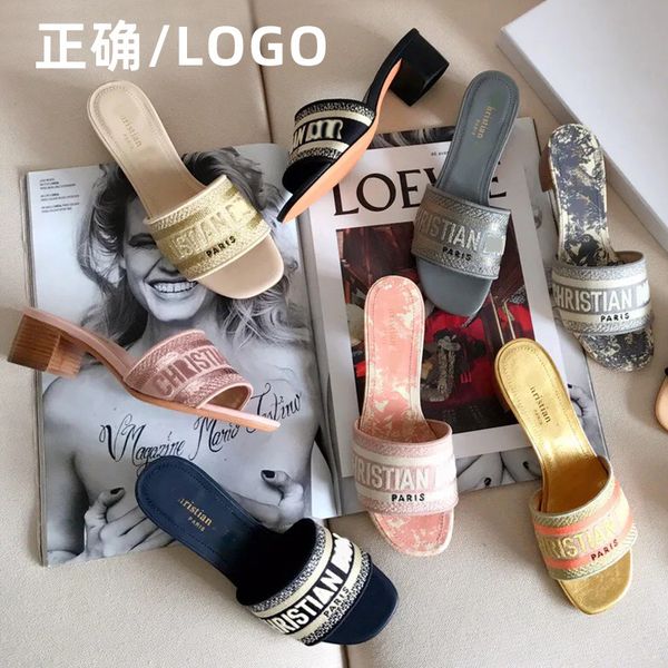 

new sandals women's summer d family embroidered letter one word slippers middle heel fashion wear thick women yi9j zmm, Black