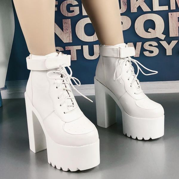 

boots ankle fall thick with waterproof platform high heels fashion british style short 15cm womens, Black