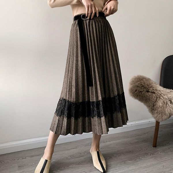 

skirts vintage wool blend long pleated skirt with belt korean style lace patchwork maxi a-line, Black