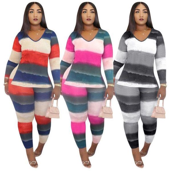 

women's two piece pants zaggin 2021 autumn women multi-color striped 2-piece suit lady v-neck full sleeve long plus size leisure s, White