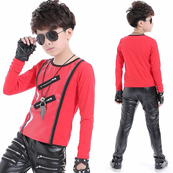 

2021 new jazz kids dance costume long sleeved leather pants hip hop set children street dancing clothes boys stage outfit, Black;red