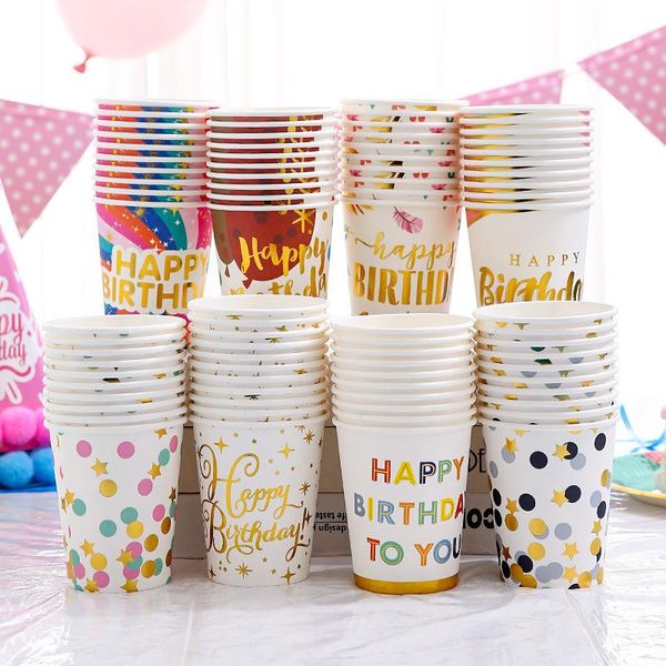 

disposable dinnerware 10pcs gold stamping dot stripe letter printed paper cups tableware for birthday party baby shower wedding decor