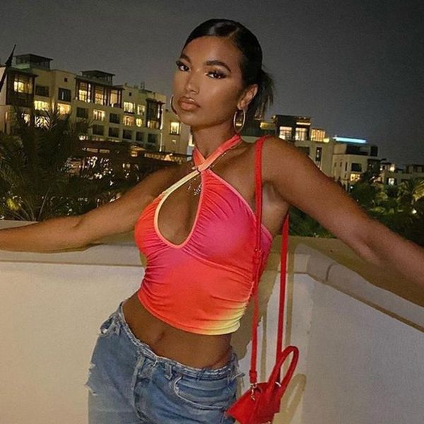 

women's tanks & camis women summer vest ladies tie-dye lace-up halter neck low-cut sleeveless backless crop tank for girls orange, White