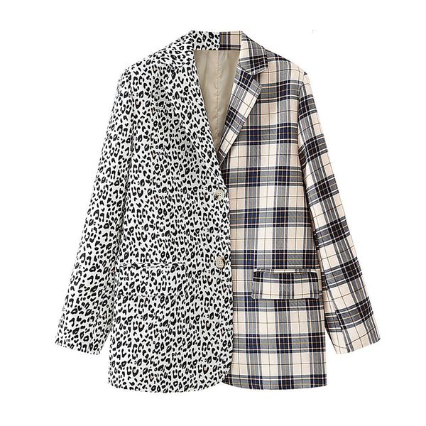

2021 new plaid patchwork leopard elegant women blazer oversize chic pockets jacket single breasted office lady work coat outwear tiqw, White;black