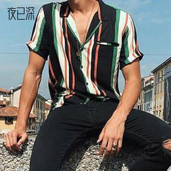 

2021 spring stripe loose short sleeve shirt lapel men's type, Gray;blue