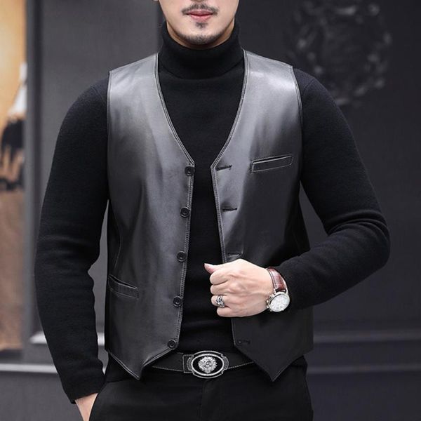 

men's vests classic men genuine leather sheepskin v-neck waistcoat male winter warm dress hommes casual sleeveless formal suit gilet, Black;white