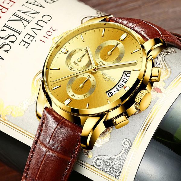 

wristwatches nibosi men's leisure sports military watch men waterproof luminous relogio masculino chronograph, Slivery;brown