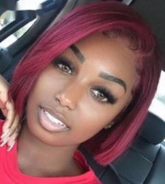 

99j burgundy red color short bob wig brazilian human hair transparent hd 4x4 lace closure wigs for women blunt cut bone straight, Black;brown