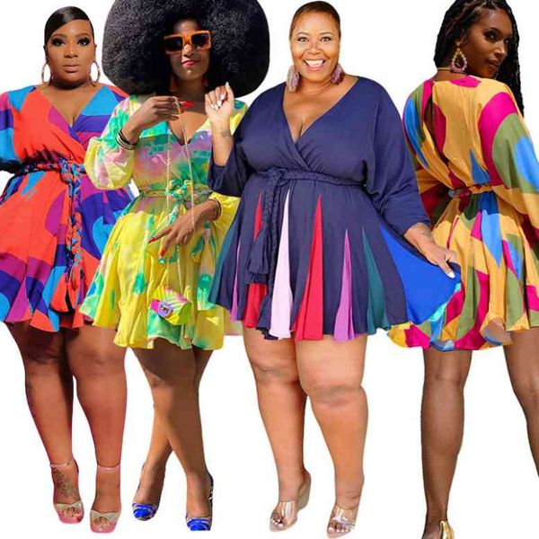 

2020 autumn women plus size tatting mini dress lady's multicolor printing v-neck full sleeve sashes lace-up a-line dresses x0521, Black;gray