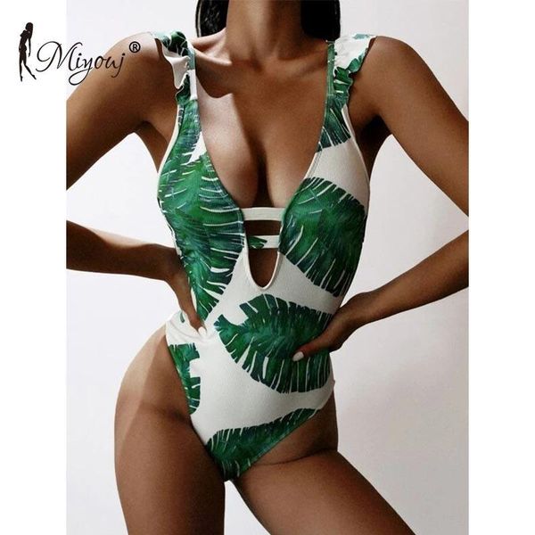 

miyouj women's swimwear 2021 swimsuit plant print beachwear hollow out bathing suit v neck bodysuit one piece suits
