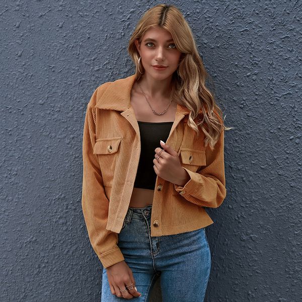 

autumn winter women's short jacket corduroy single breasted lapel long sleeved shirt slim short retro cardigan coat classic series top, Black;brown