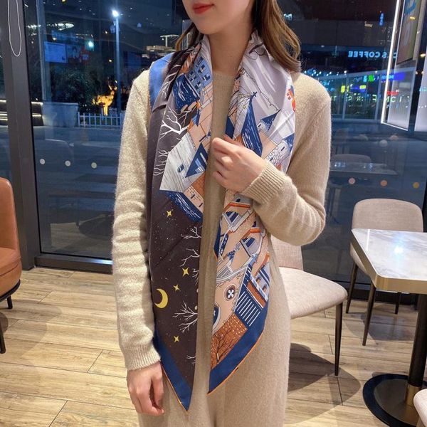 

scarves 110cm mulberry-silk scarf women designer foulard satin scarfs hand sewn edges shawl stole tippet silk for hair, Blue;gray