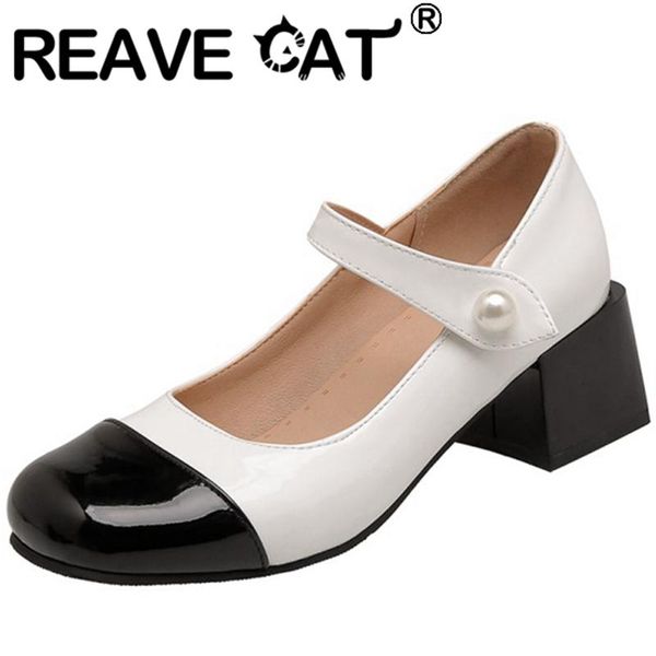 

dress shoes reave cat 2021 leisure cap round toe pumps mary janes pearl mixed color hook loop 5.5cm chunky heel size 32-46 black white a4191