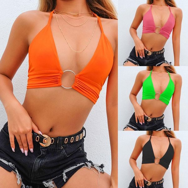 

2021 new summer women clothes halter crop backless bandage lace up metal ring tank femme bustier hollow out, White