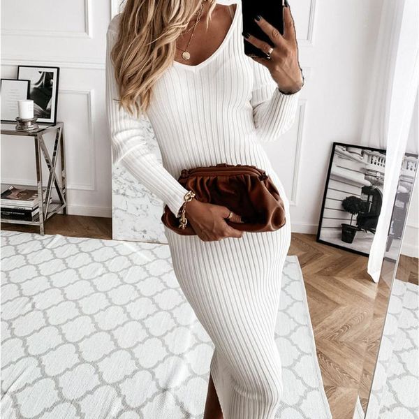 

casual dresses winter women knitted dress 2021 v-neck long white elegant vintage slim causal party clothes for, Black;gray