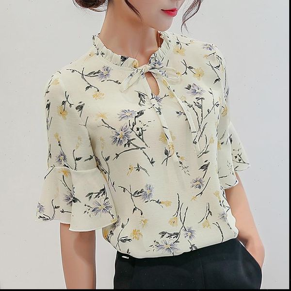 

summer autumn 2019 plus size 3xl print shirt female big sizes short sleeve shirt fashion bodycon chiffon blouse, White