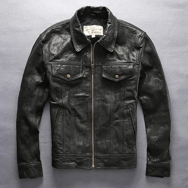 

men's leather & faux 2021 fold genuine jacket with pockets classic denim shirt style coat men autumn casual biker male, Black