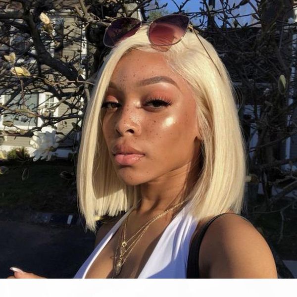 

mongolian blonde hair lace front wig 613 short straight bob wigs middle part human hair wig with baby hair, Black;brown