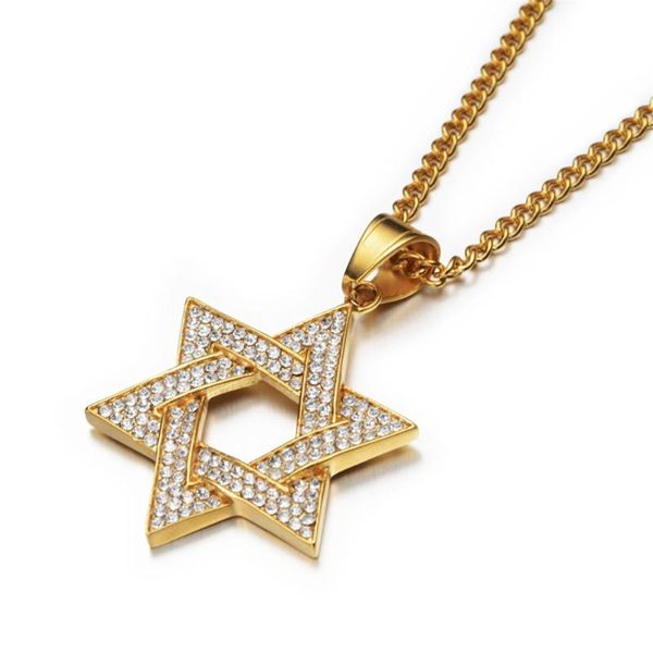 

pendant necklaces hip hop hexagram star of david necklace for men gold color stainless steel israel jewish iced out bling jewelry, Silver