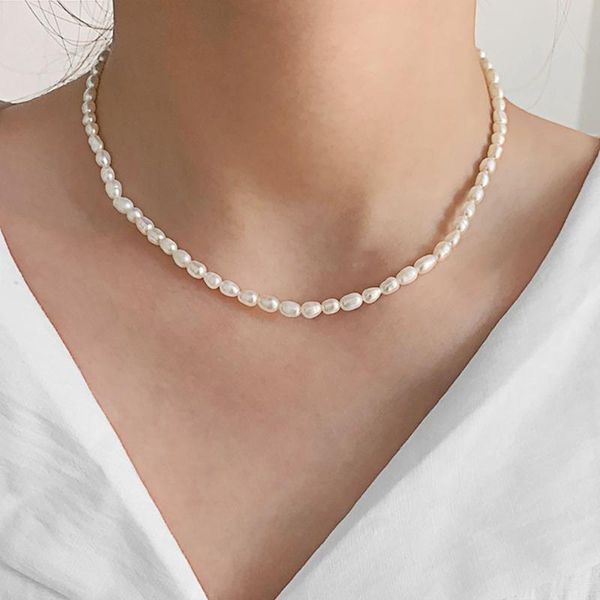 

chains 6-7/7-8mm bright white oval rice real pearl handmade necklace natural freshwater women jewelry, Silver