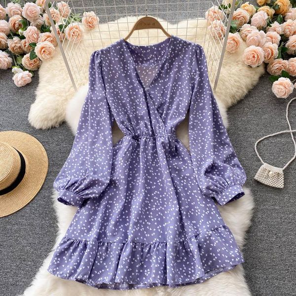 

casual dresses vintage purple/red/black printed ruffle mini dress women v-neck puff long sleeve a-line vestidos female 2021 autumn, Black;gray