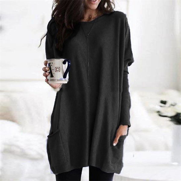 

a long t-shirts women autumn winter casual loose solid pullover round neck full batwing sleeve pocket plus size 5xl 210302, White