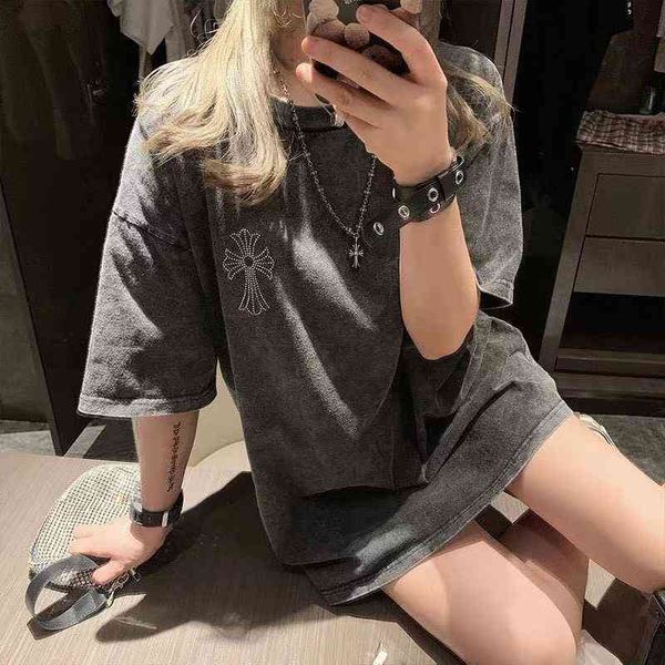 

65% off outlet online store straight hair crosin cross drill print short sleeve used wash ash double needle chain, White;black