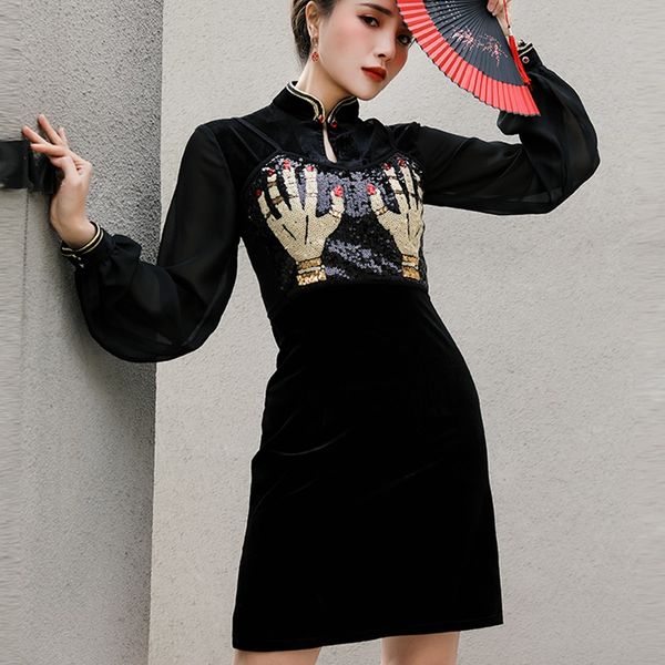 

lady black velvet cheongsam dress patchwork long sleeve qipao 2021 new retro chinese style gothic clothes woman vestidos 11917, Red