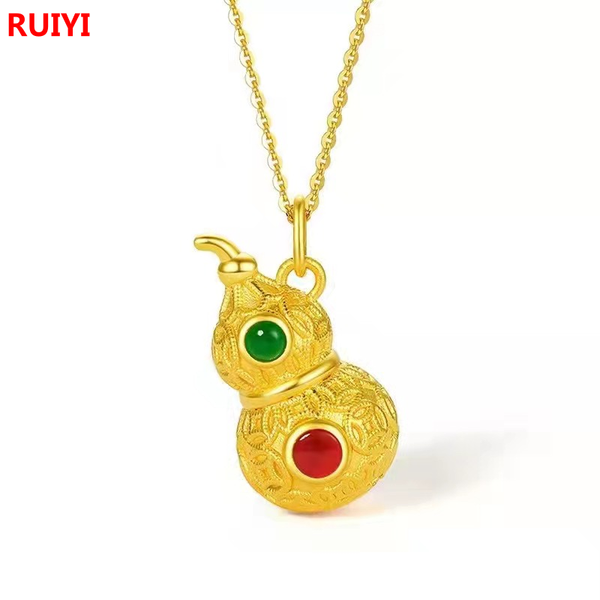 

chains ruiyi genuine 18k gold gourd pendant necklace and agate stone pure au750 chain for women fine jewelry gift, Silver