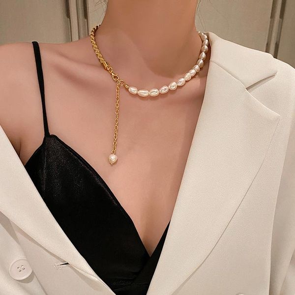 

chains retro fashion baroque pearl necklace female ins tide light luxury niche design sense personality clavicle chain neck, Silver