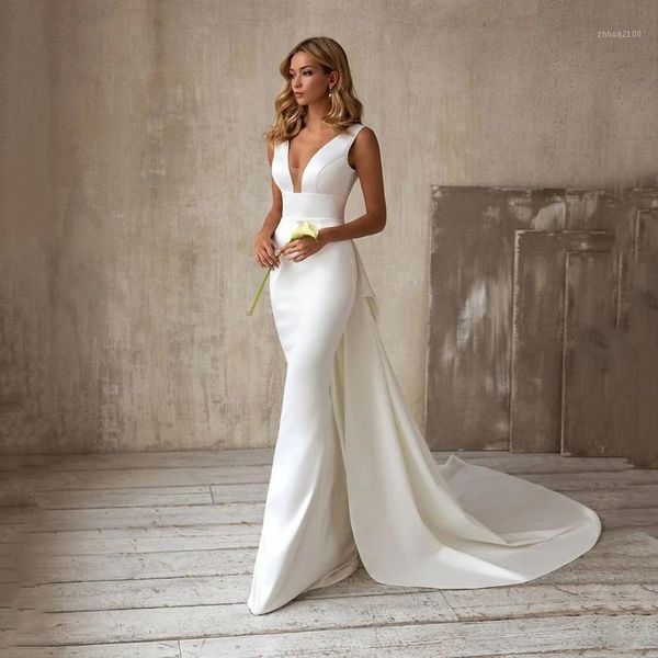 

other wedding dresses yiwumensa v neck soft satin mermaid bridal sweep train with bow ivory dress bohemian vestios de novias plus size1, White