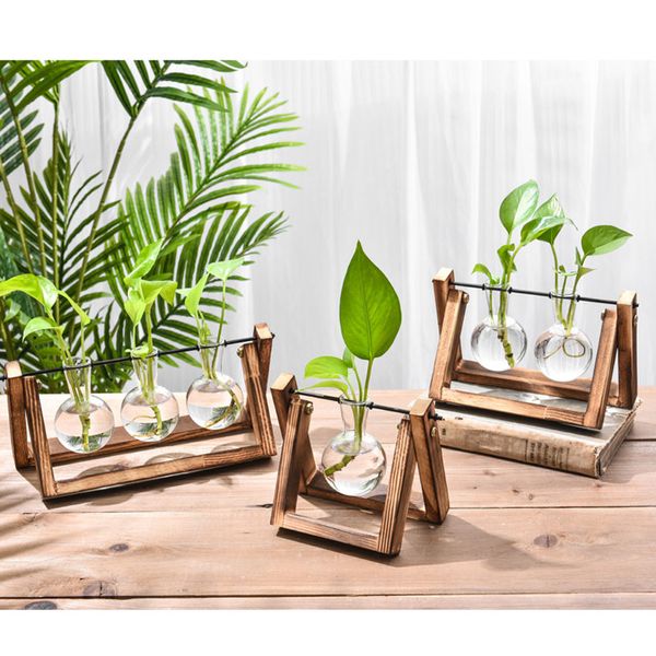 Terrarium planta hidropônica vasos vintage pote vaso transparente moldura de madeira mesa de mesa plantas home bonsai decor 210310