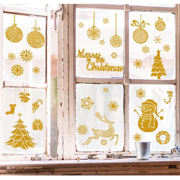 

wall stickers christmas window art gold elk snowflake foil shop decoration water transfer decals