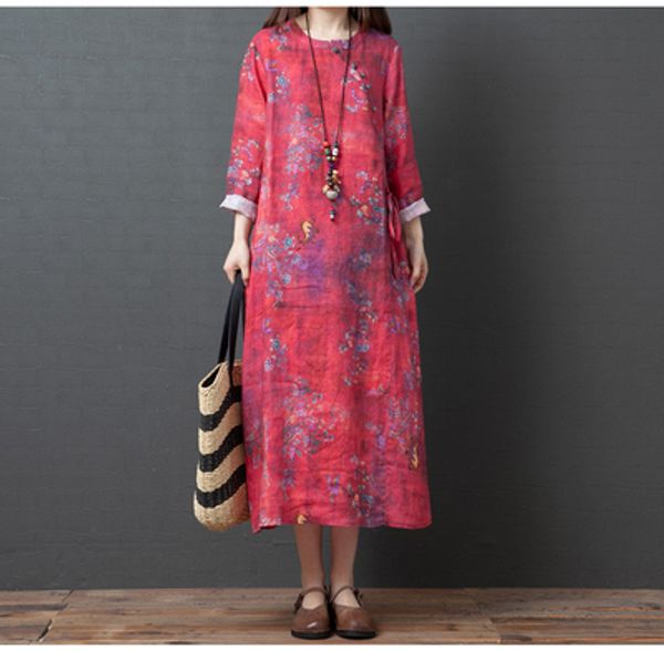 

women cotton linen long dress autumn arts style vintage print loose comfortable female casual o-line dresses half-sleeve oversized bohemia j, Black;gray