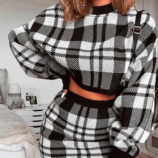 

knitted plaid 2 piece set dress women autumn elegant long sleeve mini dress winter female crop sweater dress skirt, Gray