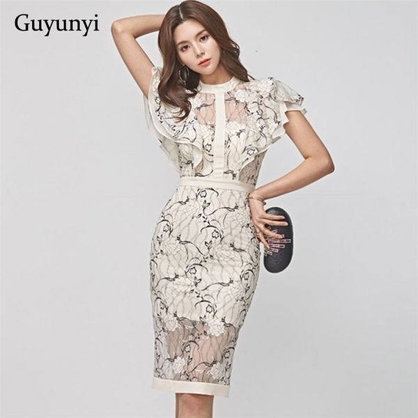 Floral Verão Vestido Escritório Elegante Voltar Oco Pequeno Sexy Lace Dress Slim Fit Cintura Alta Borboleta Sleeve Party Dress Mulheres 210309