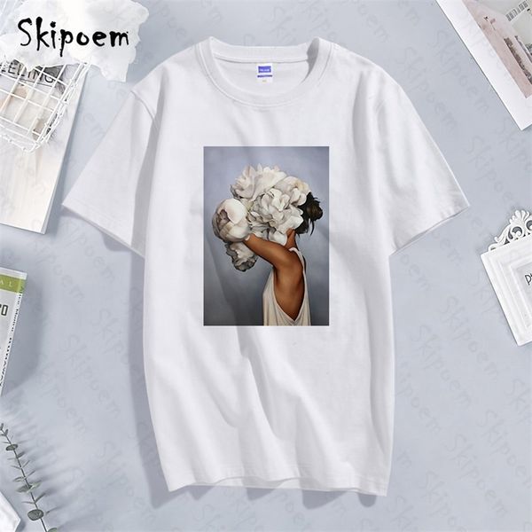 

women t-shirt cotton summer aesthetic tshirt flowers white oversized women's short sleeve t-shirts fashion plus size 90s t shirt 210708