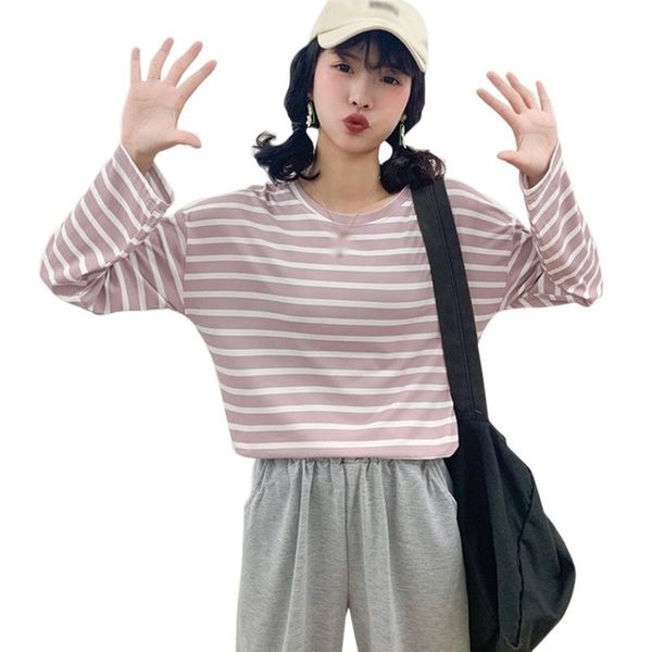 

korean tshirts simple striped tee round neck loose t shirt casual all-match long-sleeved camiseta saco 2xl, White