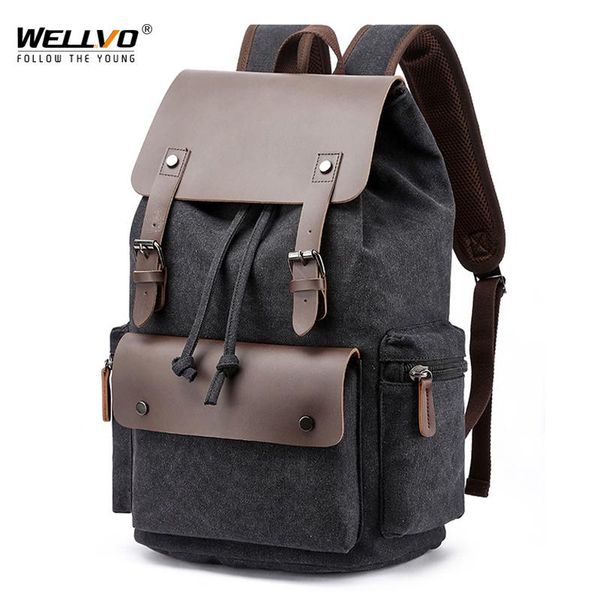 

backpack fashion canvas backpacks bag men large capacity drawstring leather cover travel rucksack college student bookbag mochila x158c