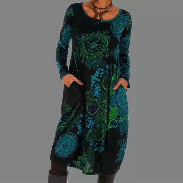 

new women loose dots boho vintage spring winter printed dress full long sleeve zipper pocket full party dresses plus sizes, Black;gray