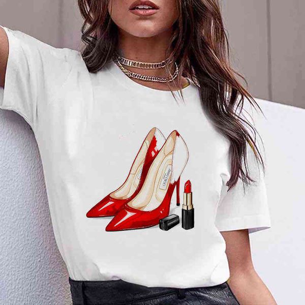 T-shirt donna estate fiore marca bottiglia di profumo maglietta in cotone borsa estetica stampa maglietta rossetto tacchi alti street top G220310
