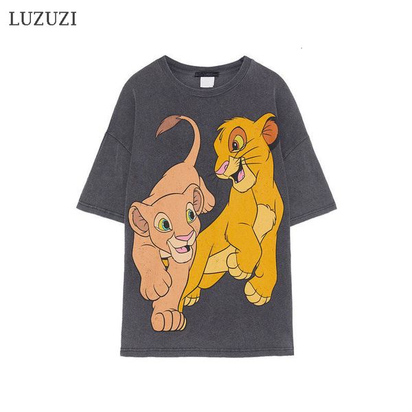 

2021 new female summer fashion cartoon lion king print casual o-neck short sleeve t-shirt plus size women jgqz, White