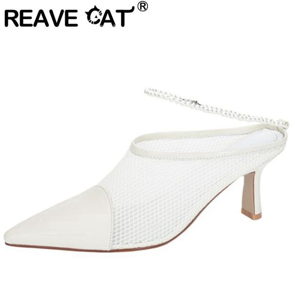 

sandals reave cat 2021 women pointed toe 8cm high thin heels mesh genuine leather pearl non-slip breathable casual a3490, Black